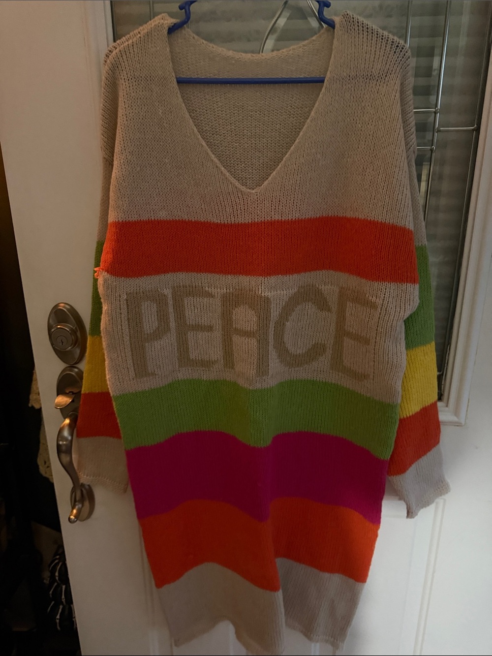 NWOT Beige 'Peace' V-Neck Oversized Sweater with Bright Stripes 0135